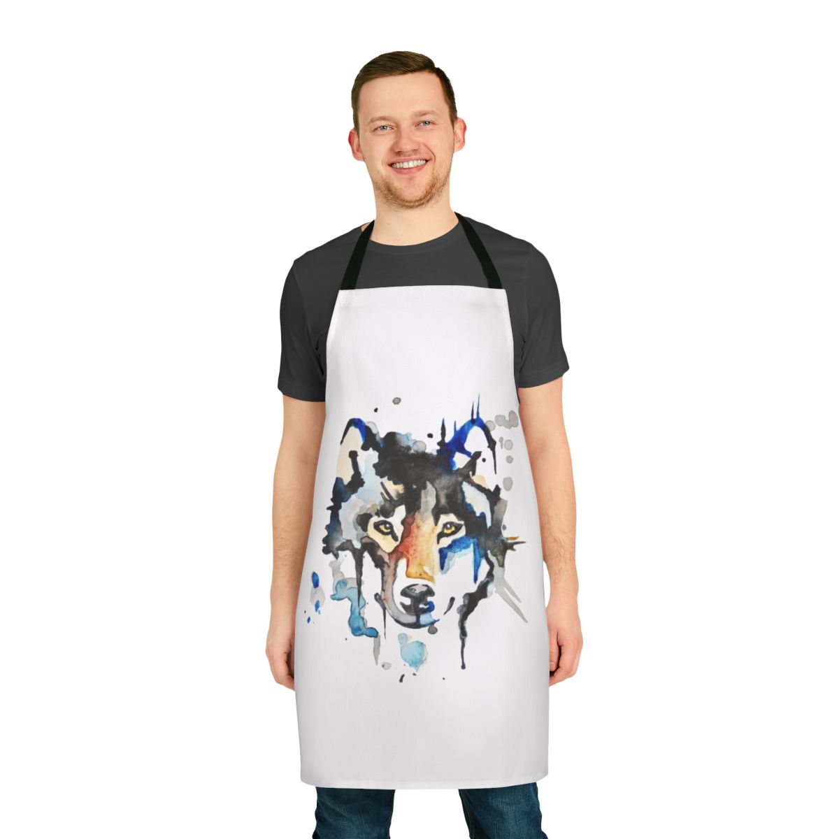 Watercolor wolf illustration printed on a high-quality cotton apron