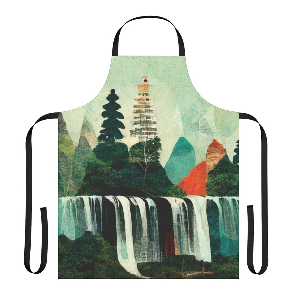 Apron featuring a collage of beautiful, nature-inspired waterfall artwork created using artificial intelligence.
