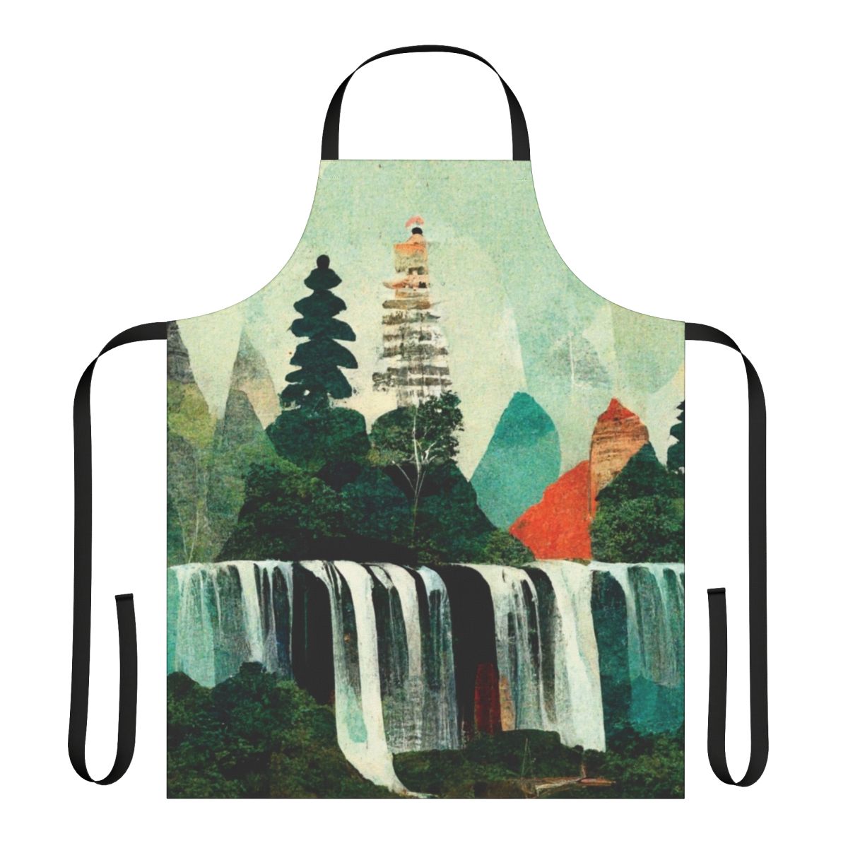 Apron featuring a collage of beautiful, nature-inspired waterfall artwork created using artificial intelligence.