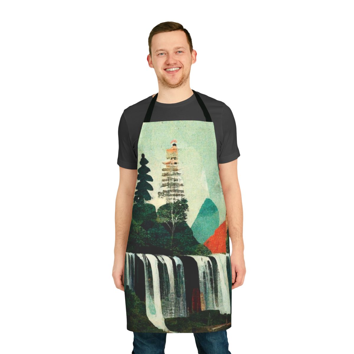 Apron featuring a collage of beautiful, nature-inspired waterfall artwork created using artificial intelligence.