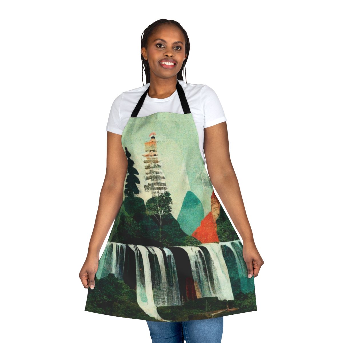 Apron featuring a collage of beautiful, nature-inspired waterfall artwork created using artificial intelligence.