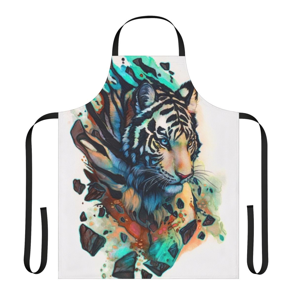 An elegant white tiger print apron with a regal and majestic design.