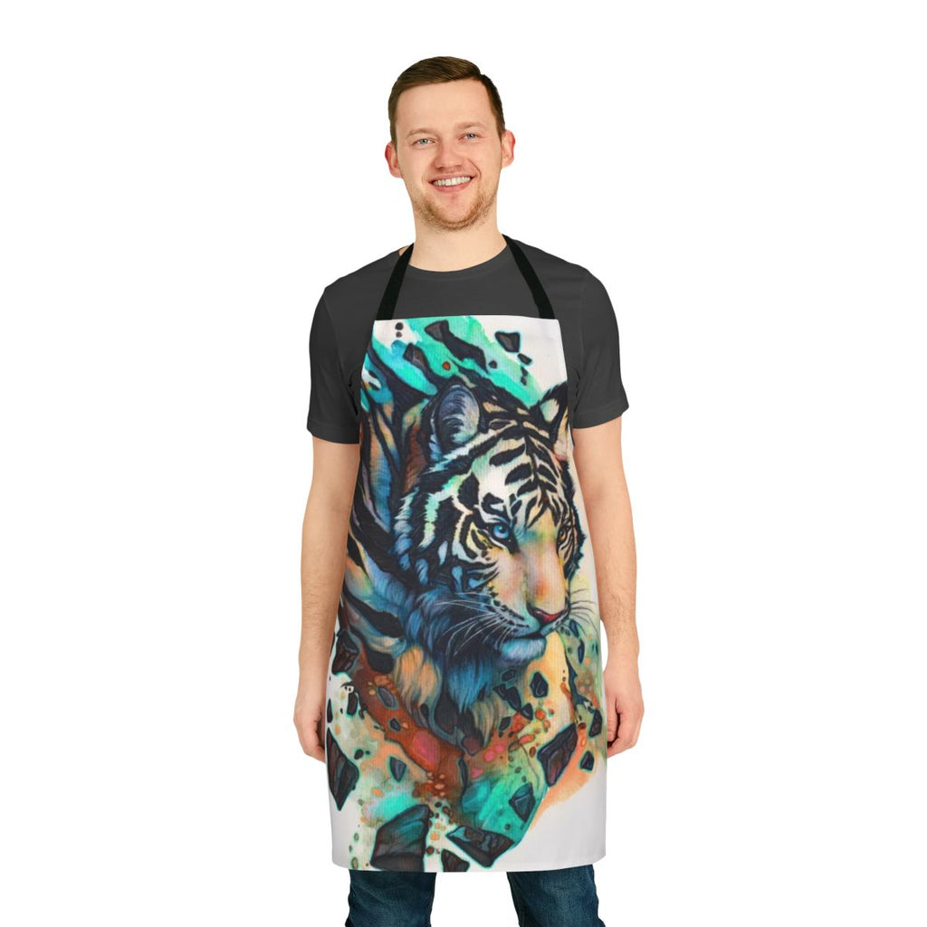 An elegant white tiger print apron with a regal and majestic design.