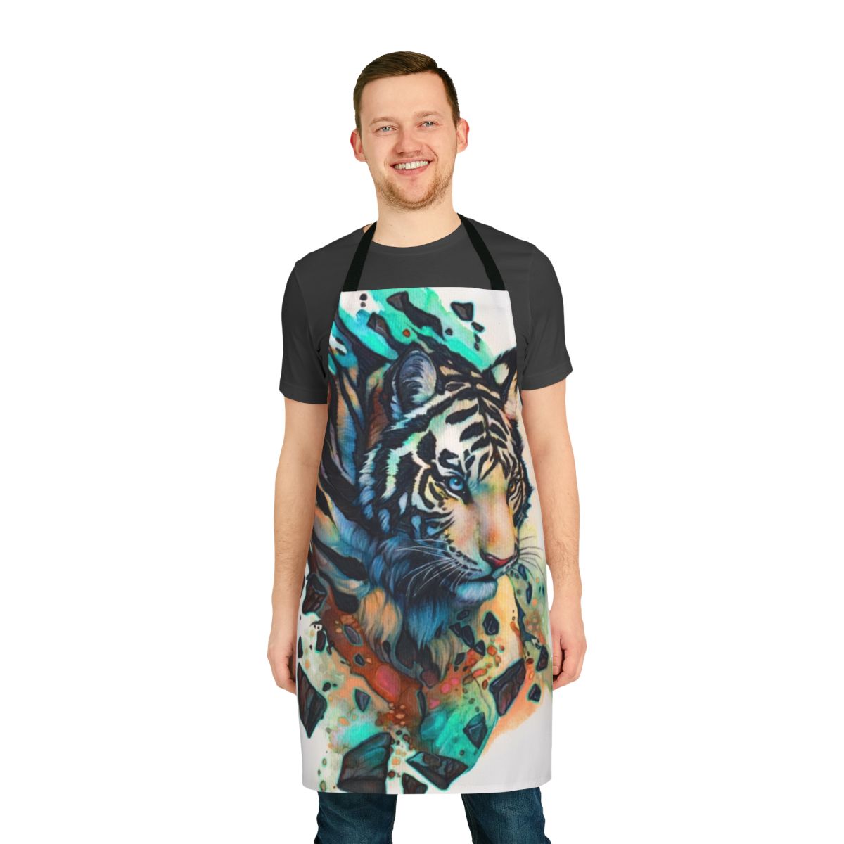 An elegant white tiger print apron with a regal and majestic design.