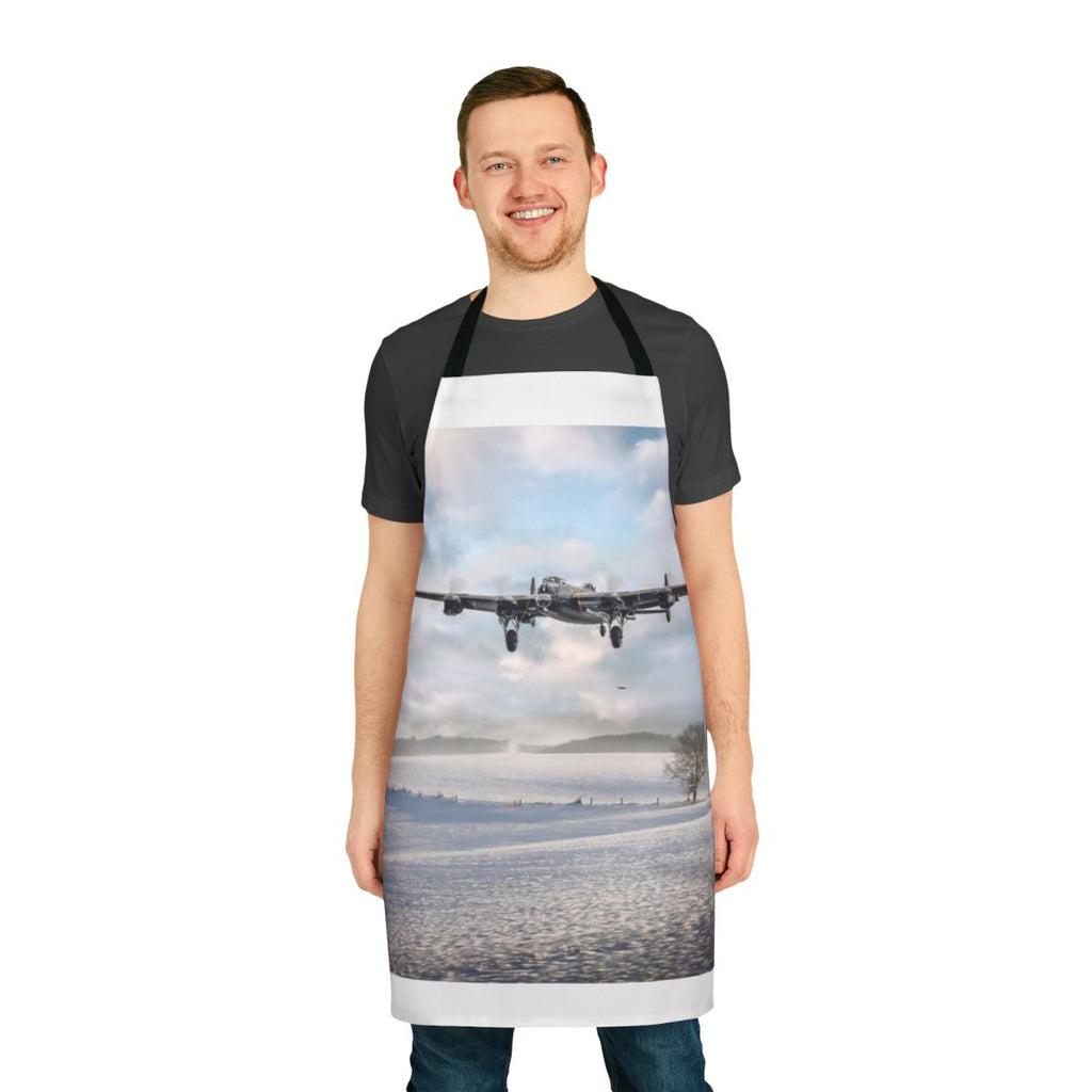 Apron featuring a winter scene with an Avro Lancaster bomber in the snow