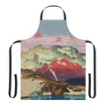A beautiful apron featuring a winter landscape scene with mountains, snow, and a sunset sky inspired by Japanese Ukiyo-e art.