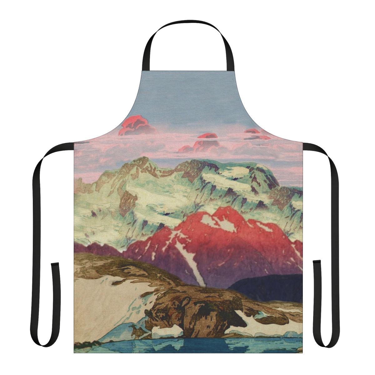 A beautiful apron featuring a winter landscape scene with mountains, snow, and a sunset sky inspired by Japanese Ukiyo-e art.