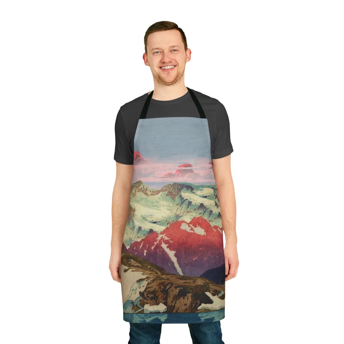 A beautiful apron featuring a winter landscape scene with mountains, snow, and a sunset sky inspired by Japanese Ukiyo-e art.