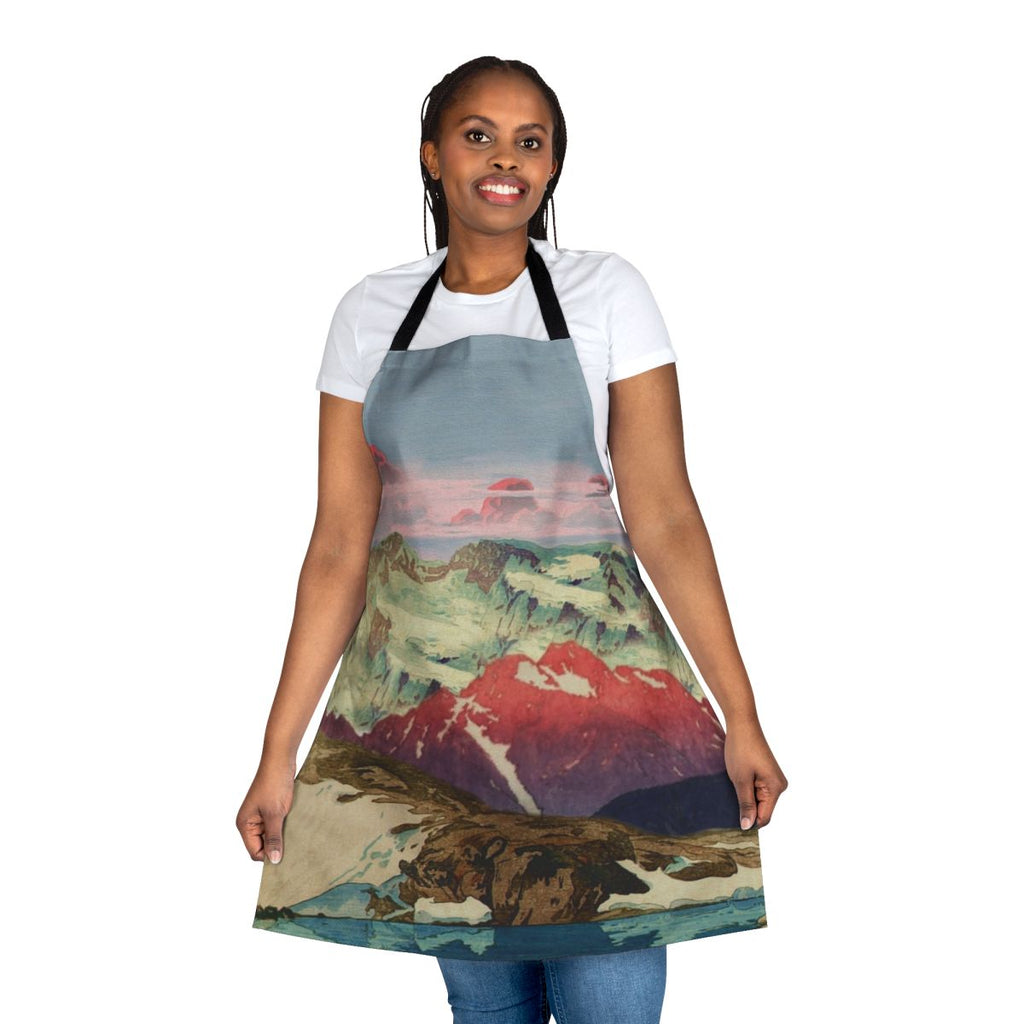 A beautiful apron featuring a winter landscape scene with mountains, snow, and a sunset sky inspired by Japanese Ukiyo-e art.
