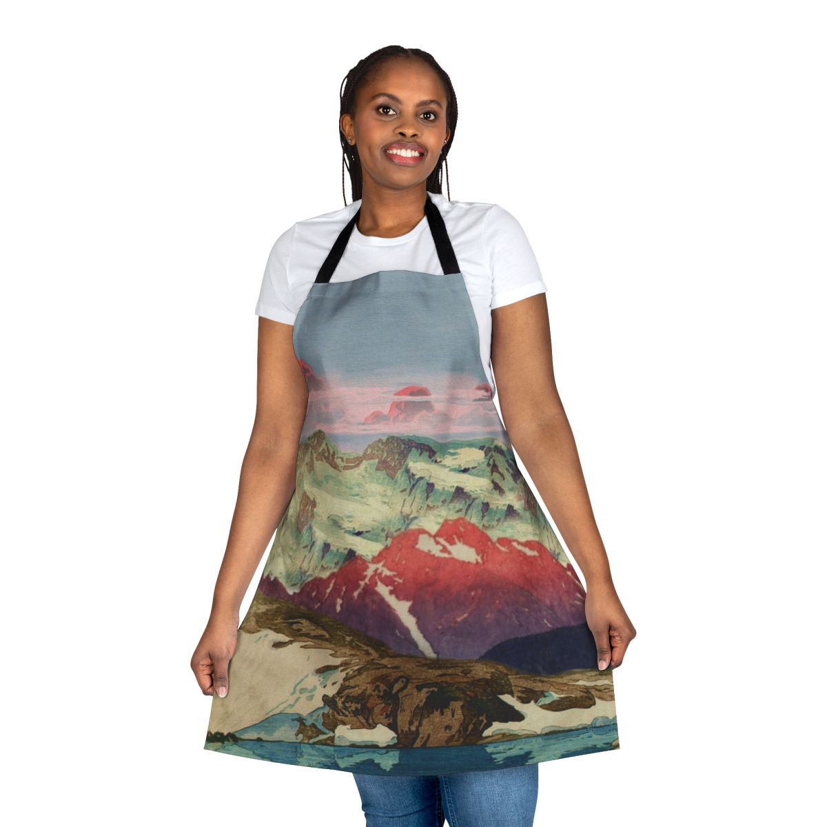A beautiful apron featuring a winter landscape scene with mountains, snow, and a sunset sky inspired by Japanese Ukiyo-e art.