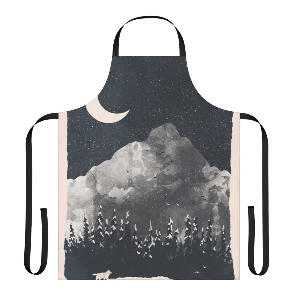 Artwork of a wolf in a snowy, mountainous landscape printed on a high-quality apron