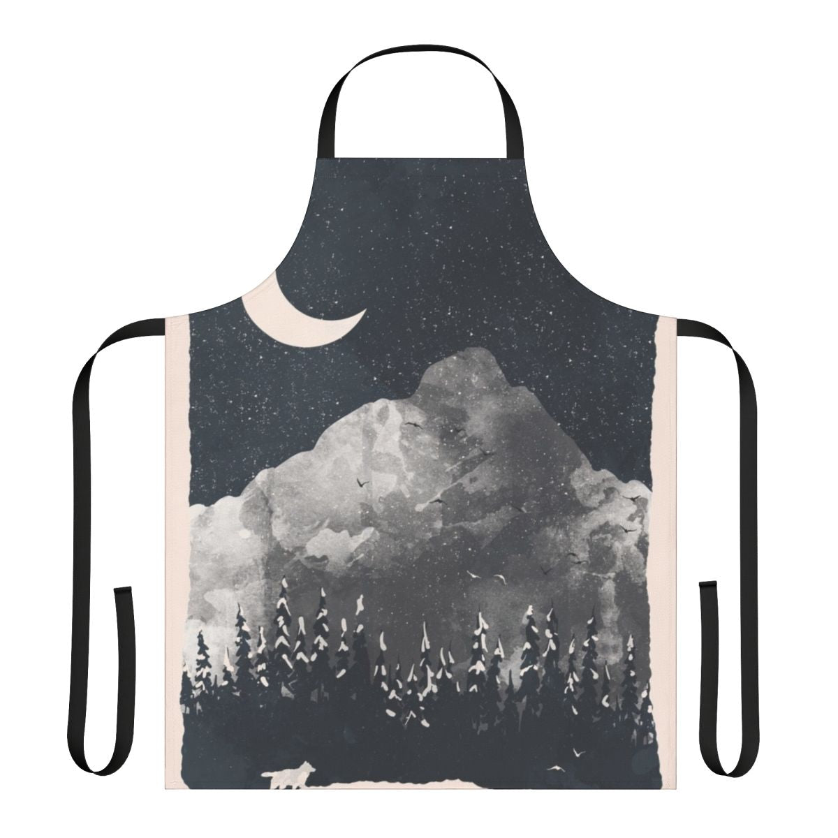 Artwork of a wolf in a snowy, mountainous landscape printed on a high-quality apron