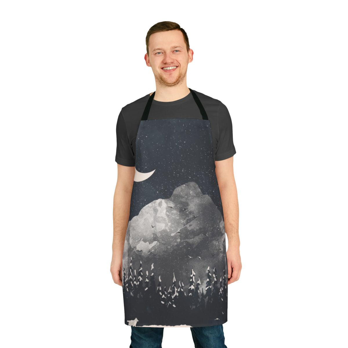 Artwork of a wolf in a snowy, mountainous landscape printed on a high-quality apron