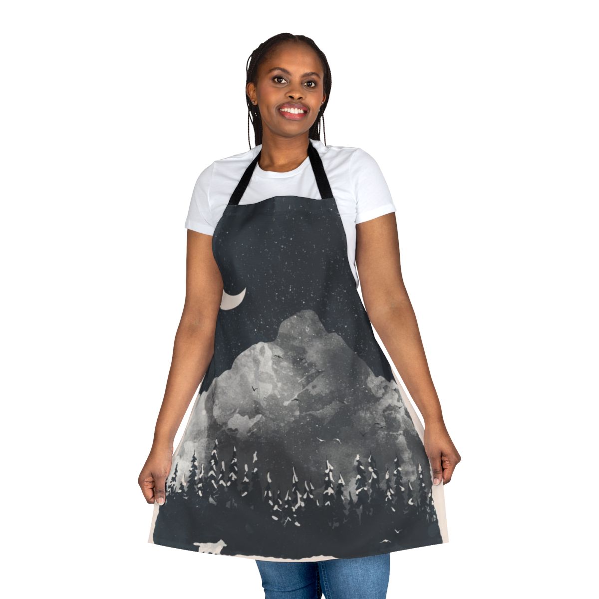 Artwork of a wolf in a snowy, mountainous landscape printed on a high-quality apron