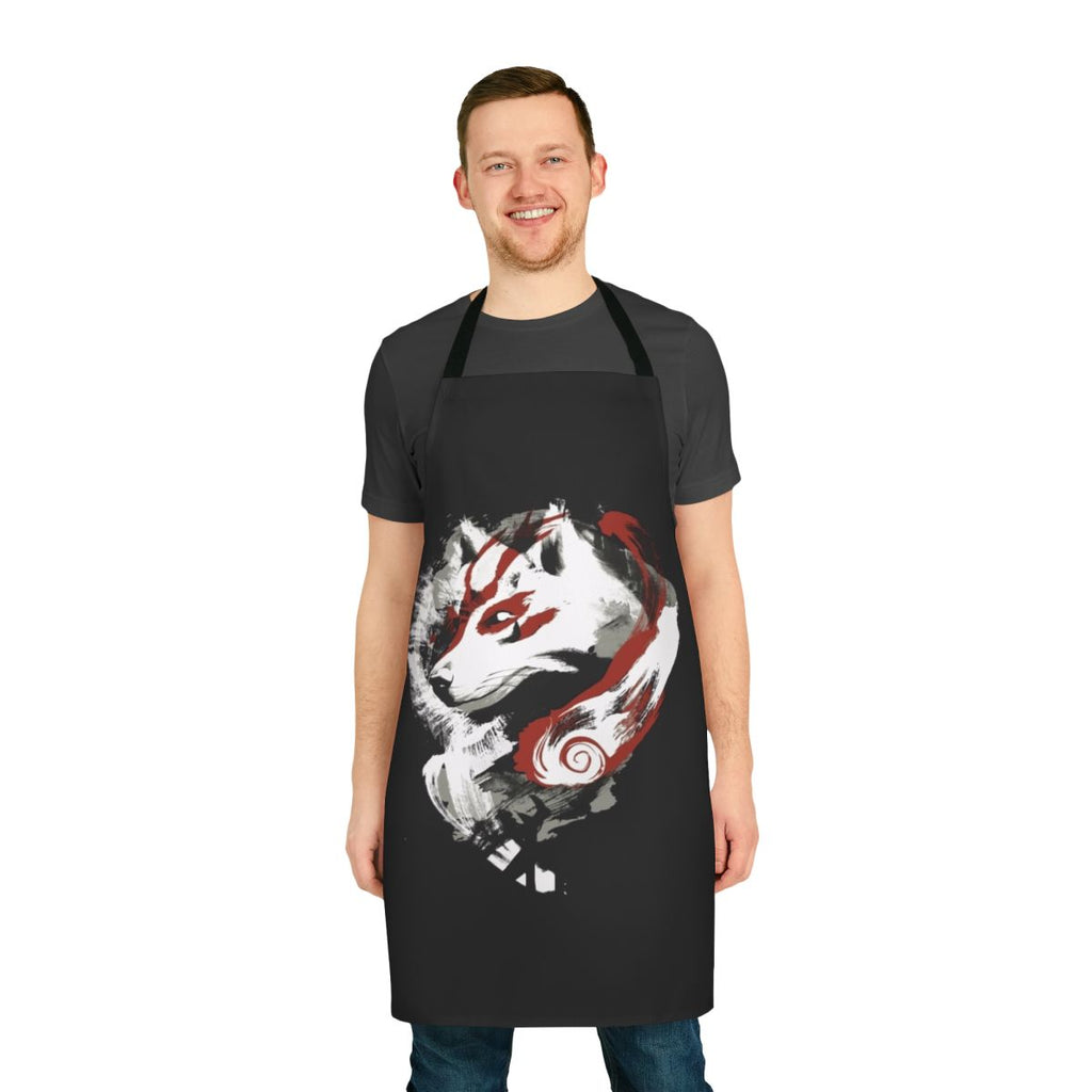 Beautifully designed apron featuring a wolf motif, inspired by the Okami video game series