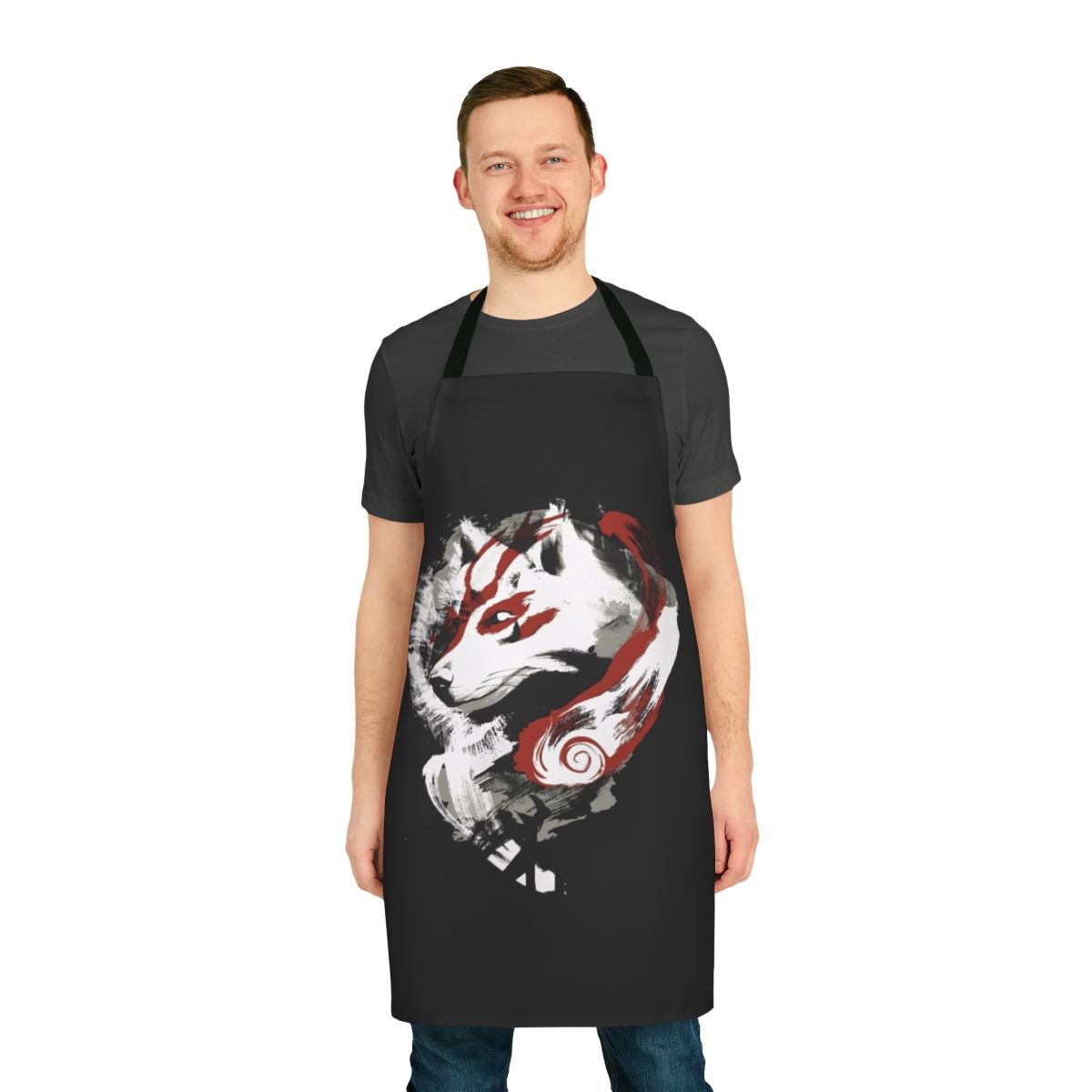 Beautifully designed apron featuring a wolf motif, inspired by the Okami video game series