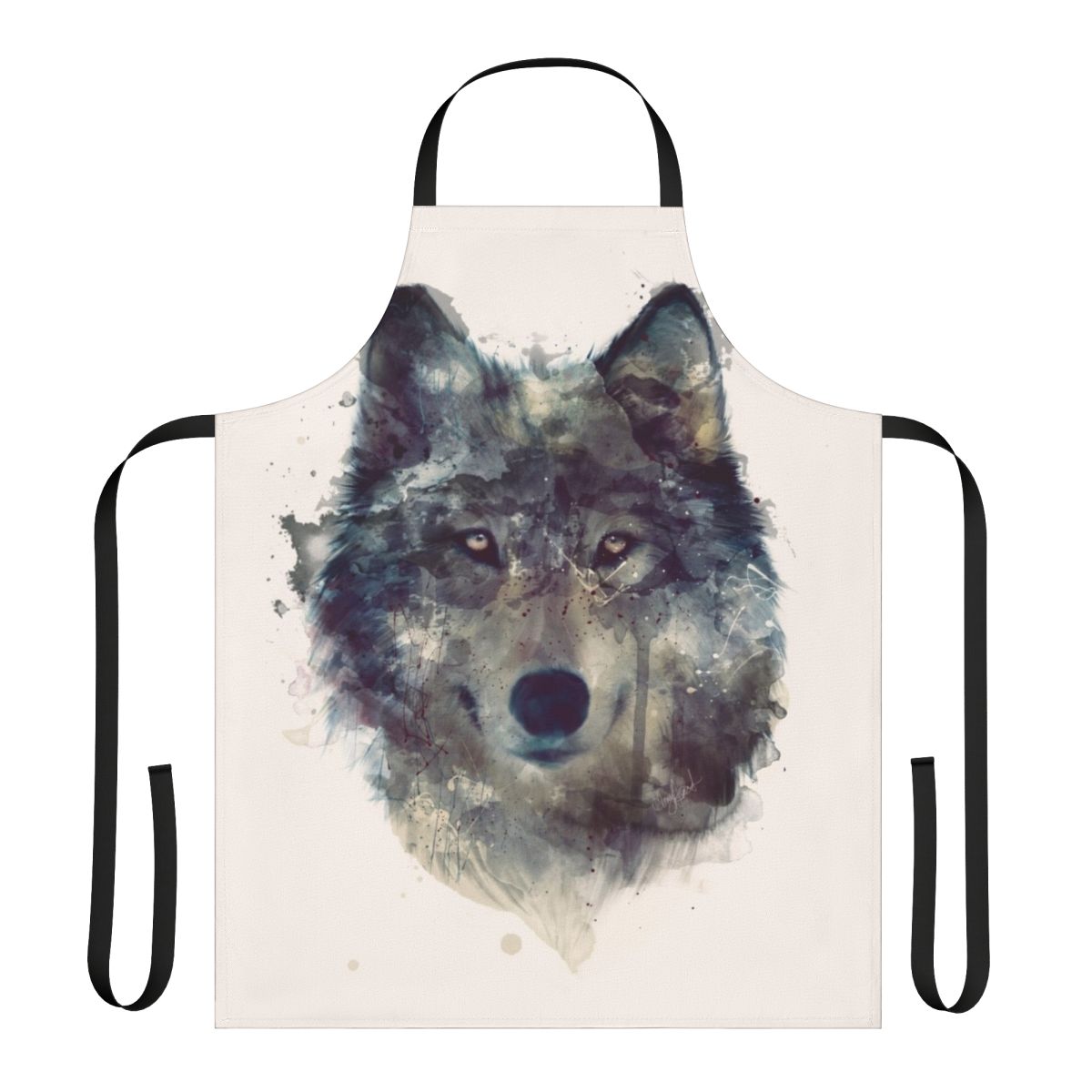 Vibrant watercolor and ink illustration of a wolf on a durable, high-quality apron.
