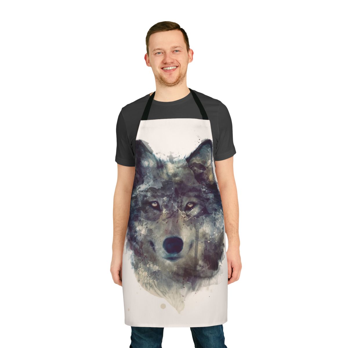 Vibrant watercolor and ink illustration of a wolf on a durable, high-quality apron.