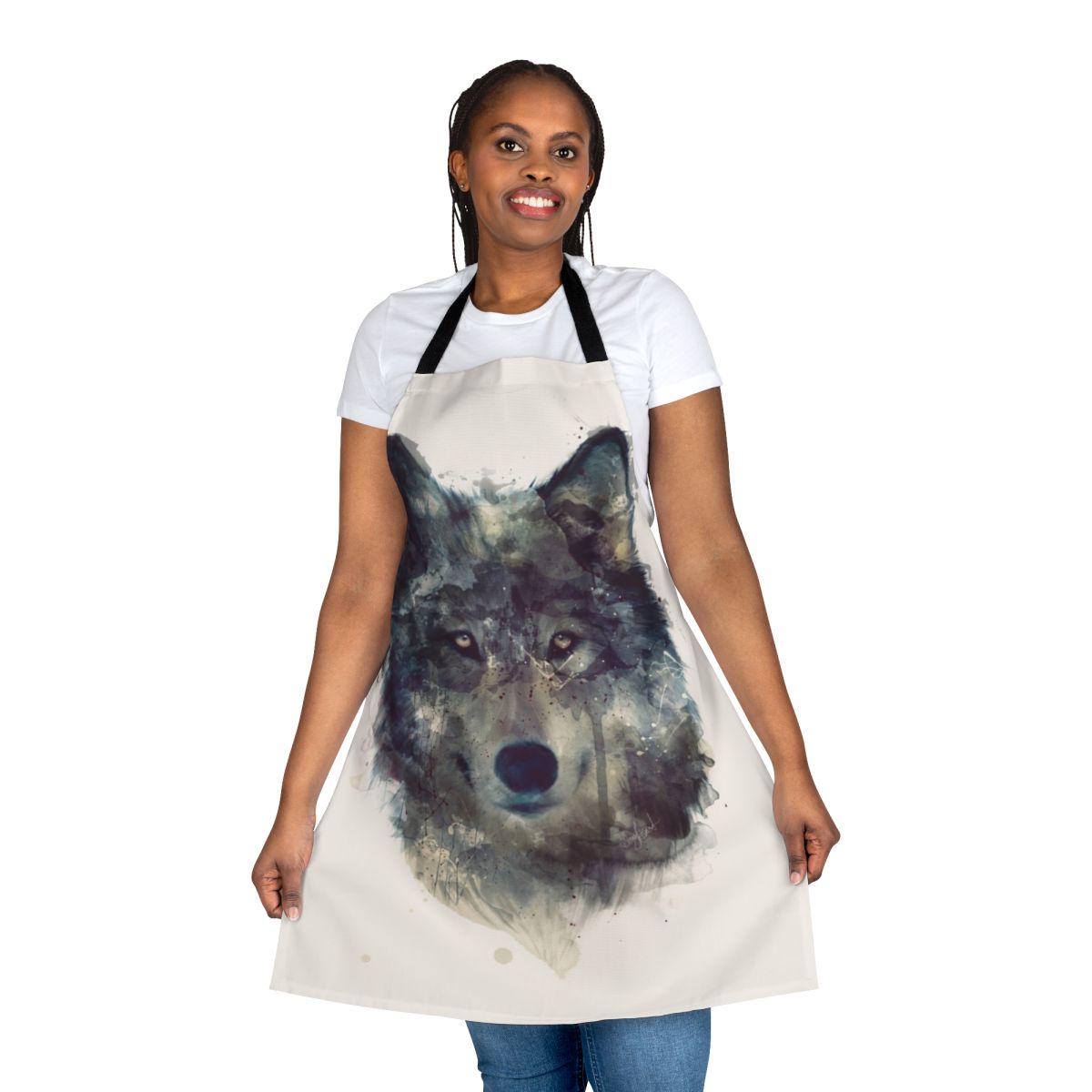 Vibrant watercolor and ink illustration of a wolf on a durable, high-quality apron.