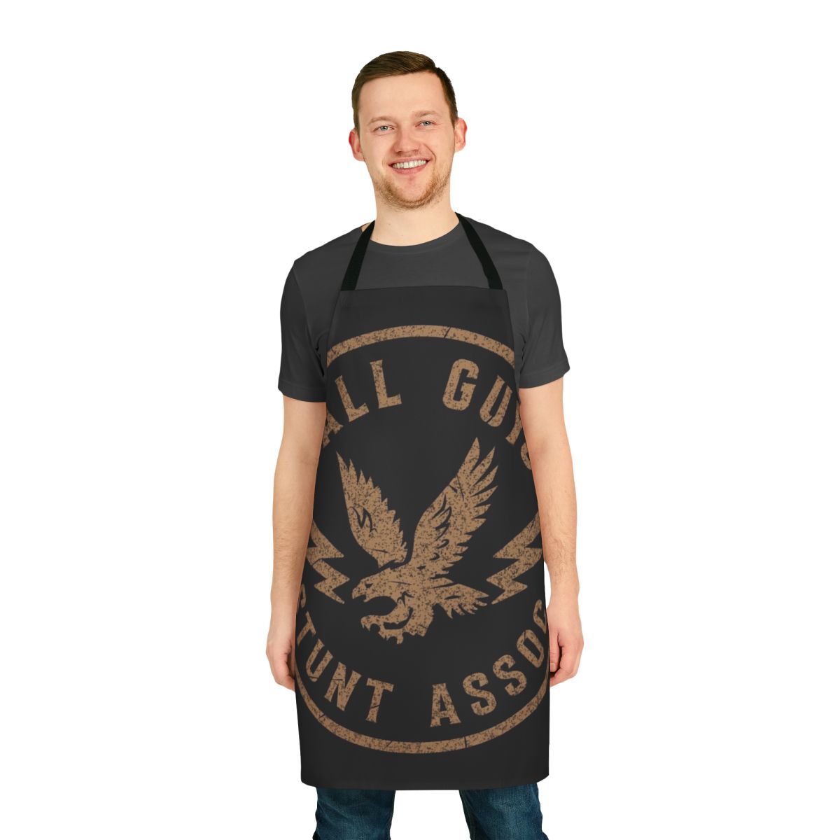 Stunt-themed apron featuring imagery and references to the 1980s TV show "The Fall Guy"