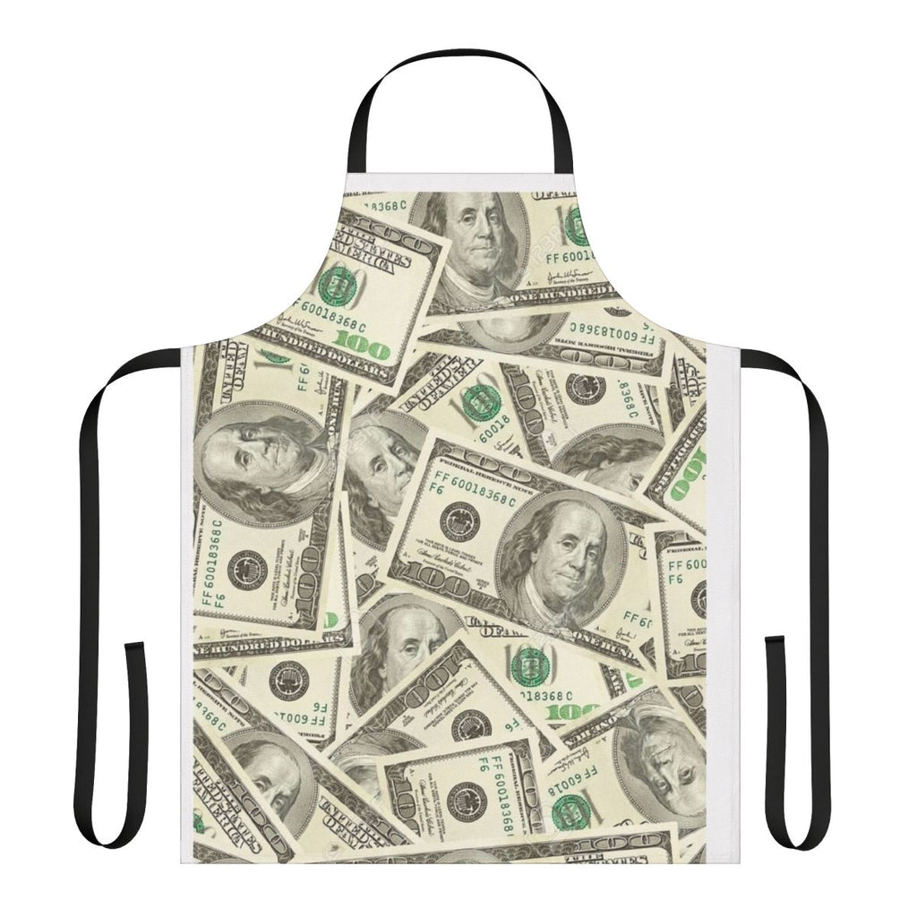 Apron with a bold, colorful pattern featuring 100 dollar bills and the image of Benjamin Franklin