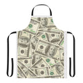 Apron with a bold, colorful pattern featuring 100 dollar bills and the image of Benjamin Franklin