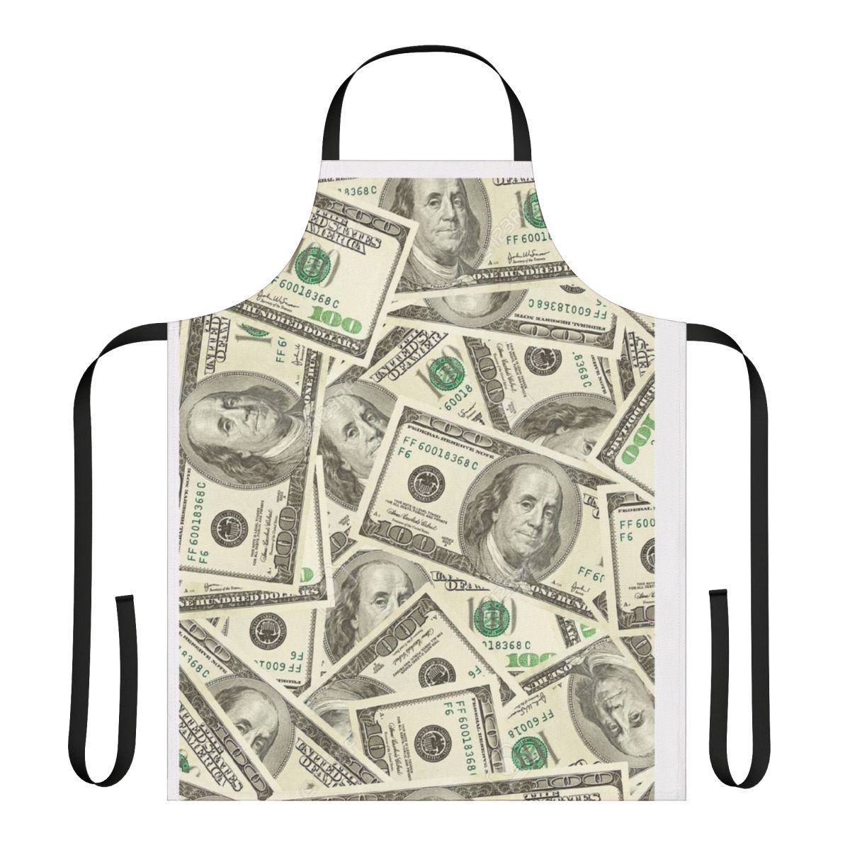 Apron with a bold, colorful pattern featuring 100 dollar bills and the image of Benjamin Franklin