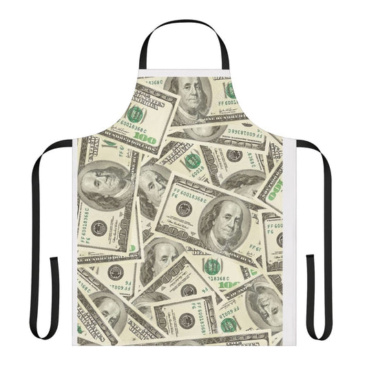 Apron with a bold, colorful pattern featuring 100 dollar bills and the image of Benjamin Franklin