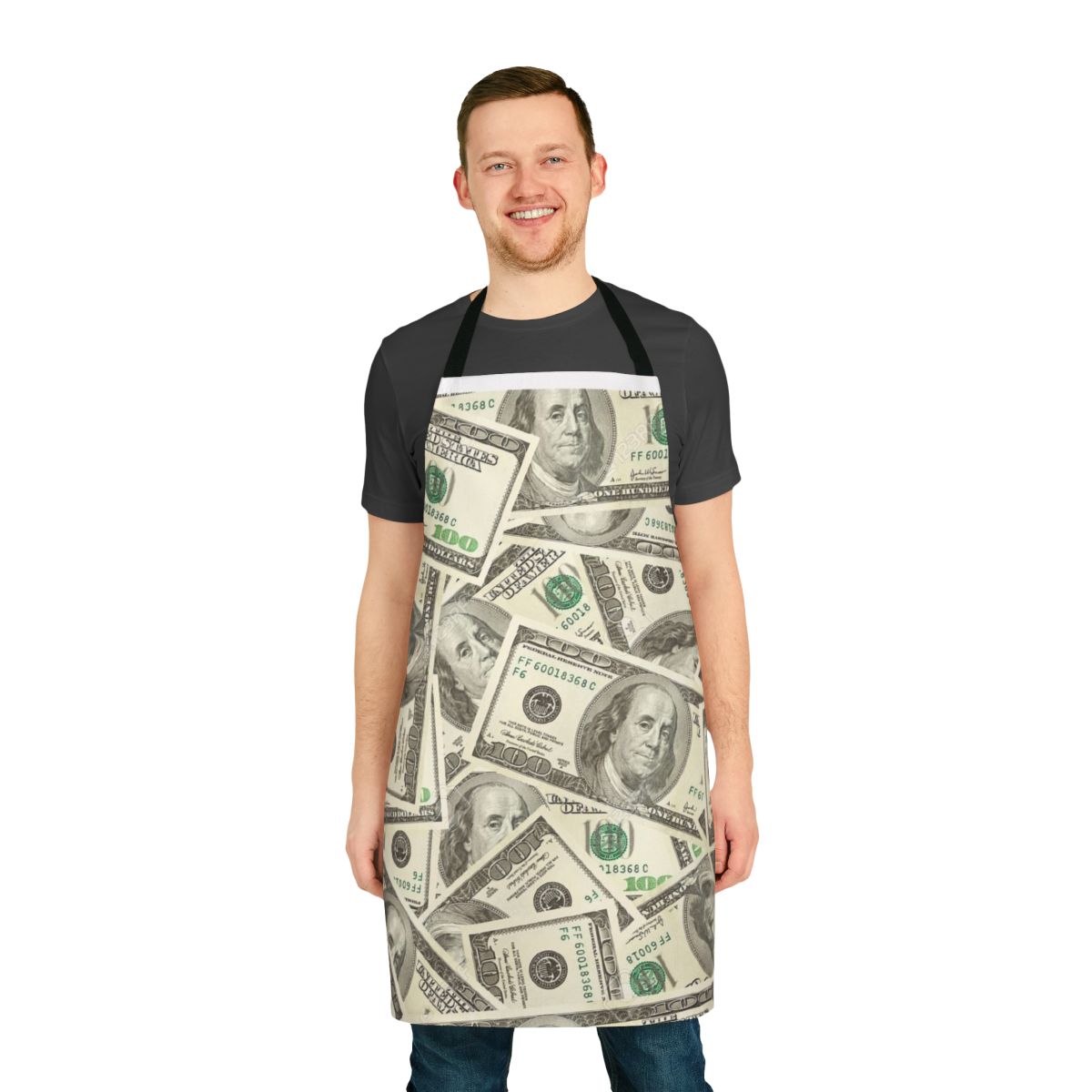 Apron with a bold, colorful pattern featuring 100 dollar bills and the image of Benjamin Franklin