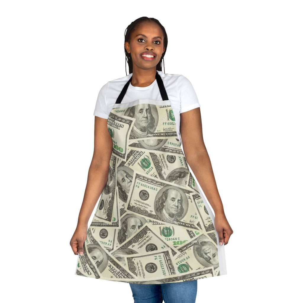 Apron with a bold, colorful pattern featuring 100 dollar bills and the image of Benjamin Franklin