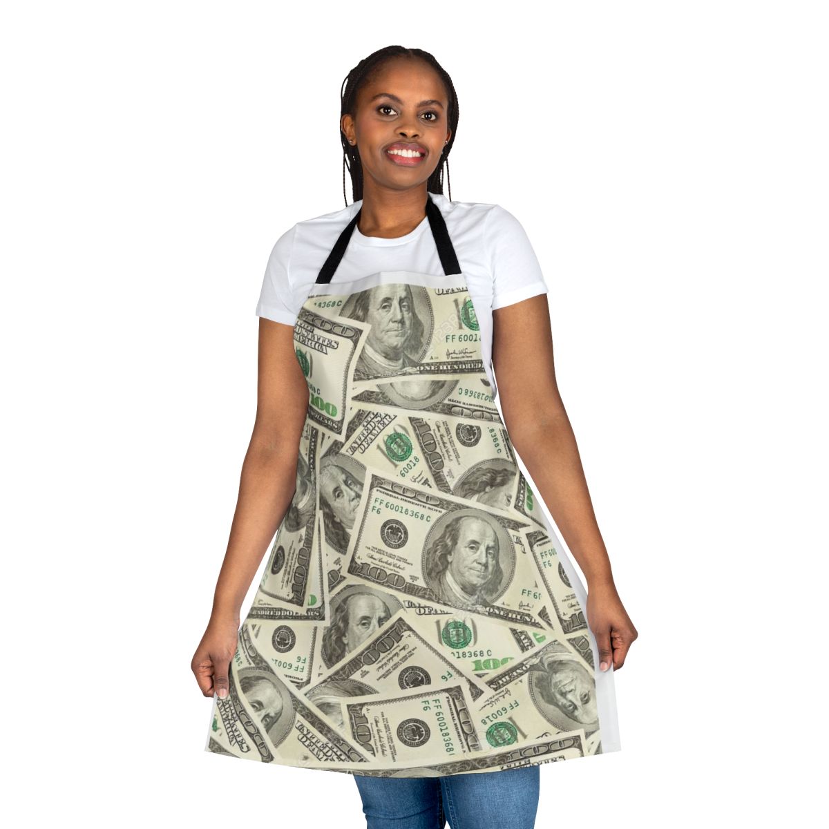 Apron with a bold, colorful pattern featuring 100 dollar bills and the image of Benjamin Franklin