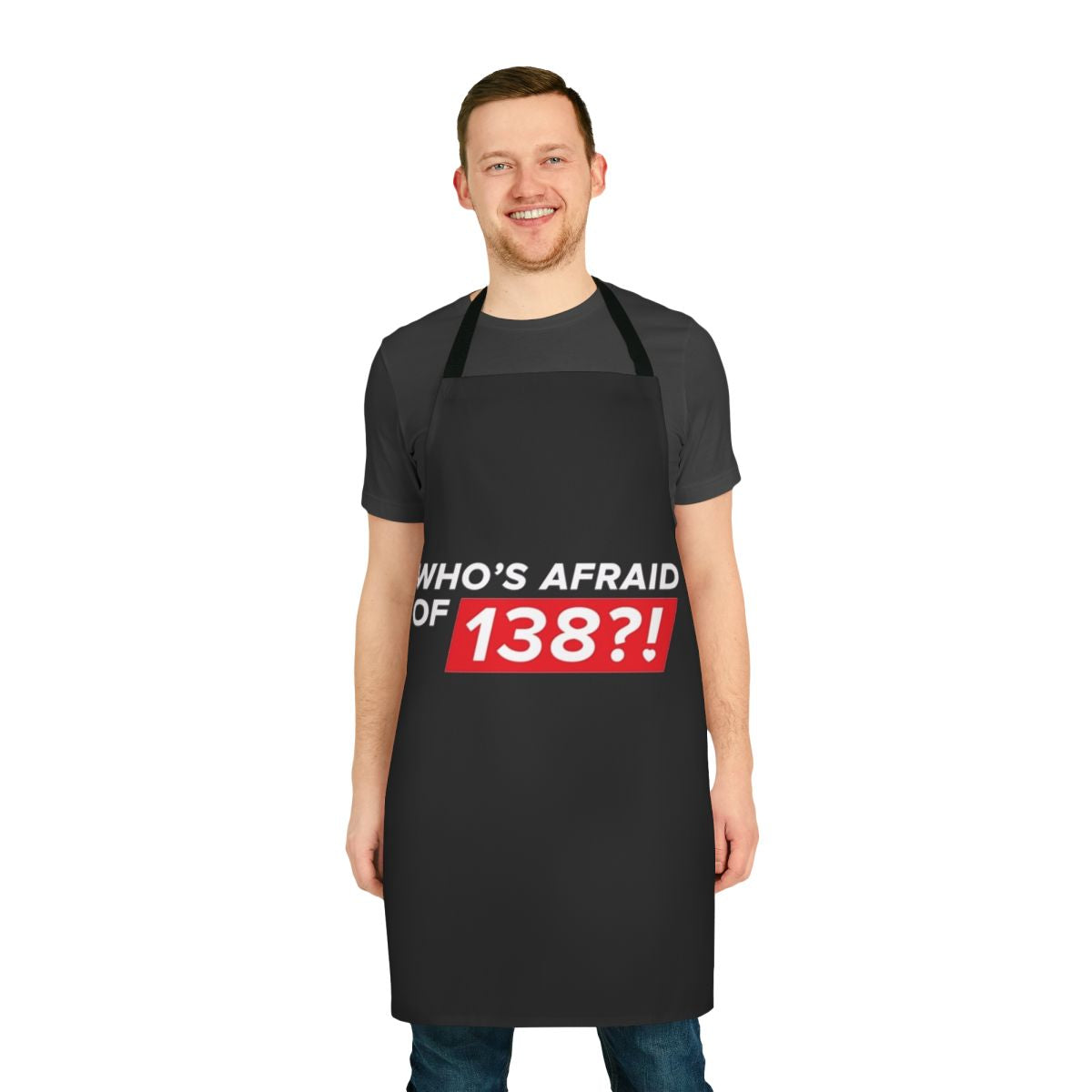 A white apron with a bold "138" design, perfect for the fashion-forward home cook.