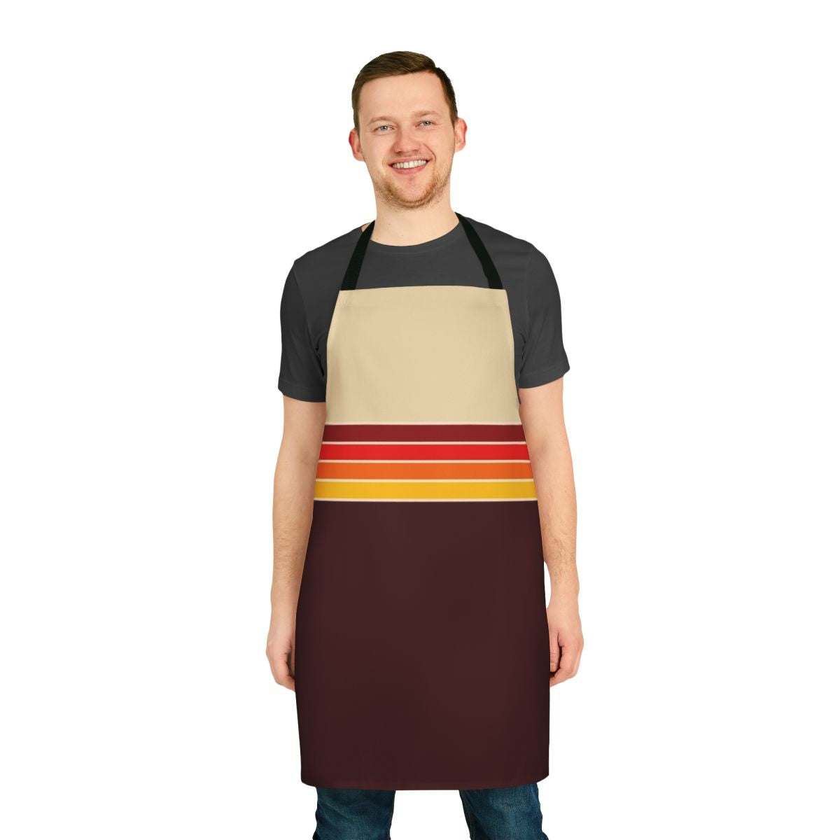 Vibrant 1970s-inspired retro striped apron with a minimalist abstract pattern design