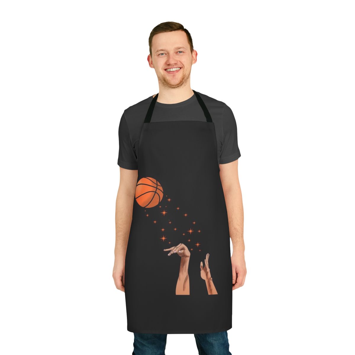 Person wearing a basketball-themed 3-point apron