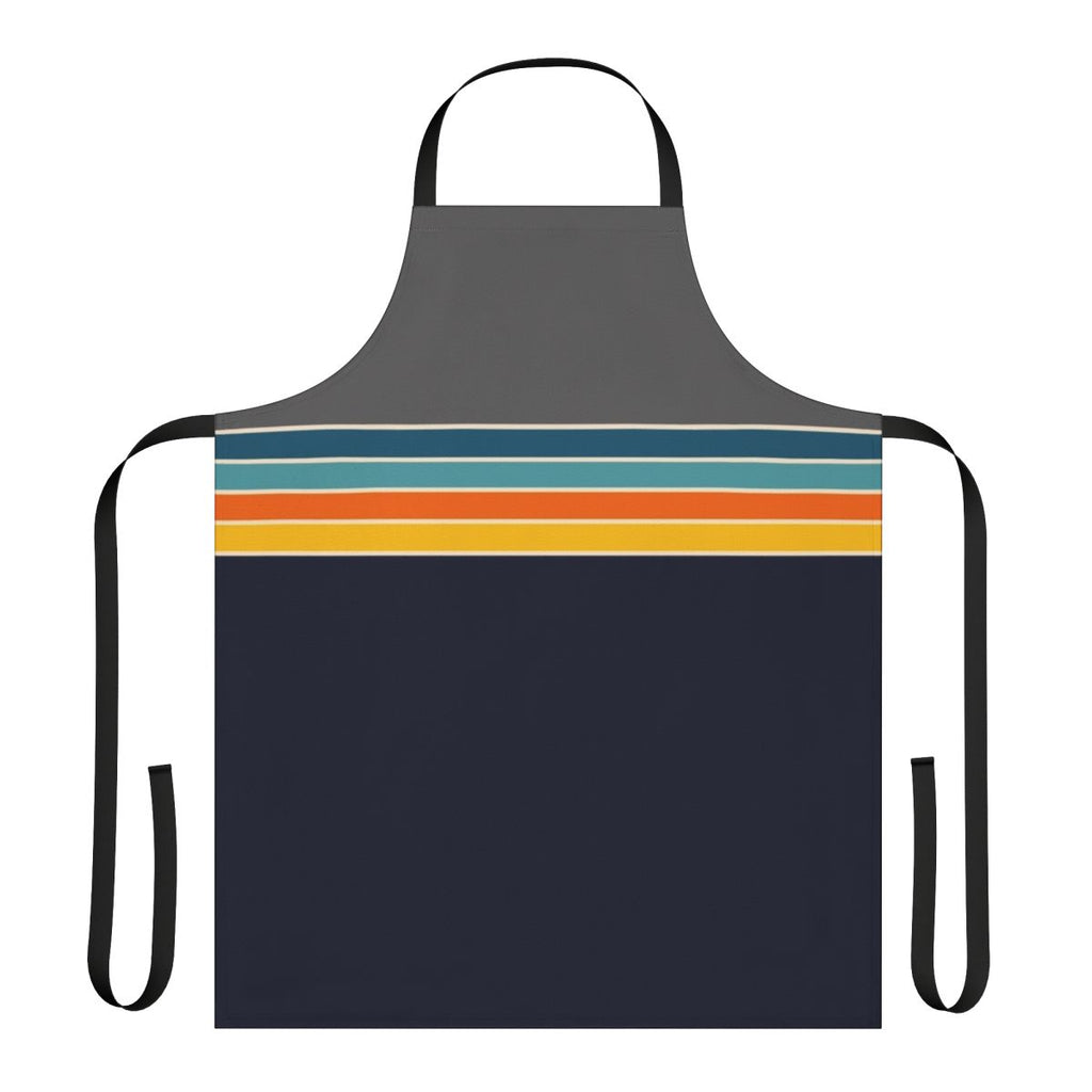 Vibrant 70s-inspired striped apron with a retro, sports-themed design