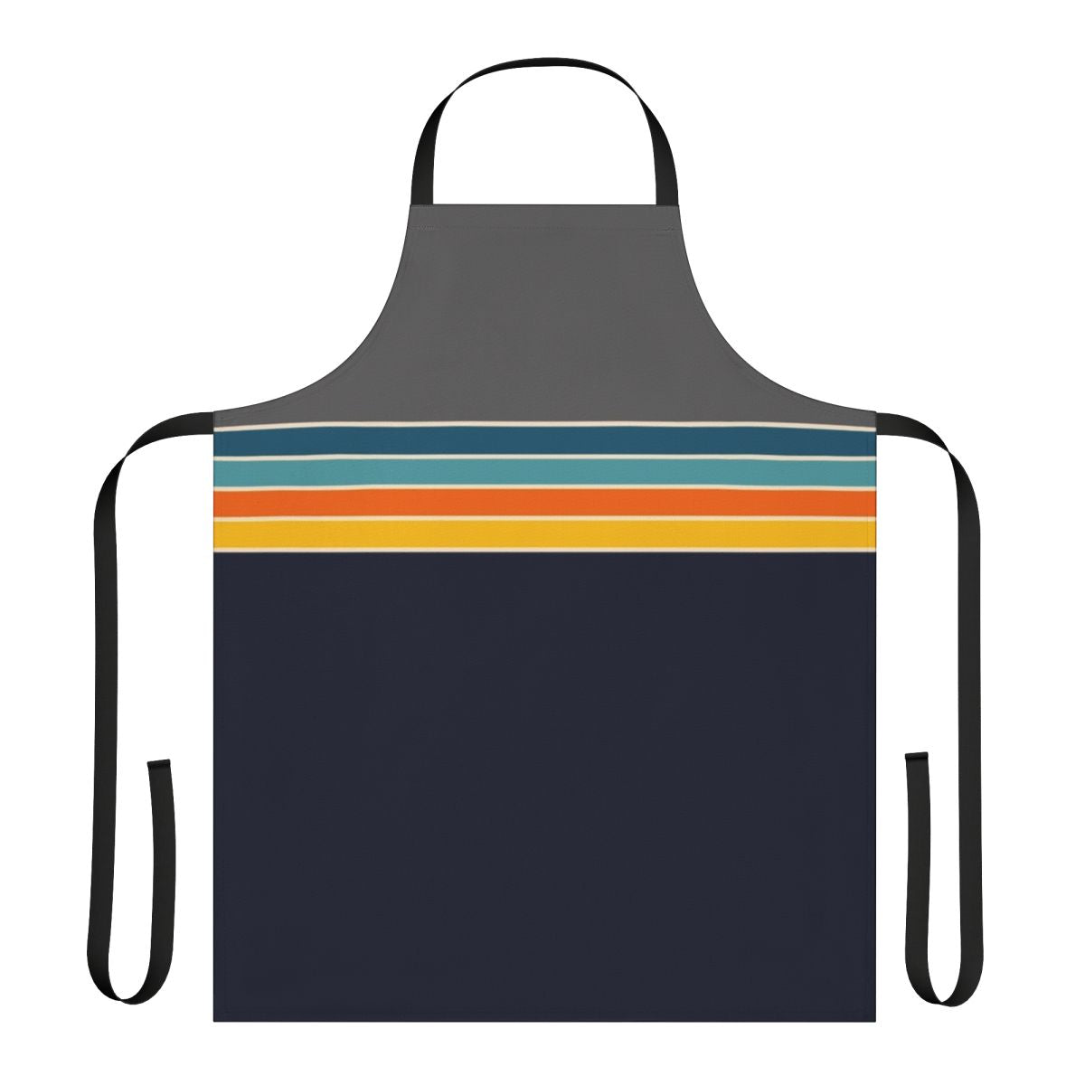 Vibrant 70s-inspired striped apron with a retro, sports-themed design