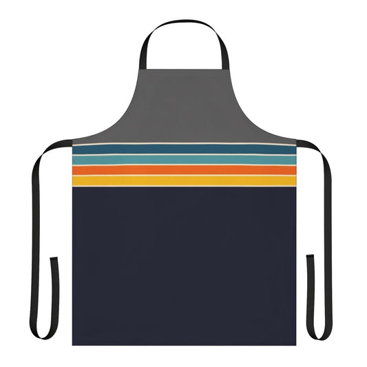 Vibrant 70s-inspired striped apron with a retro, sports-themed design