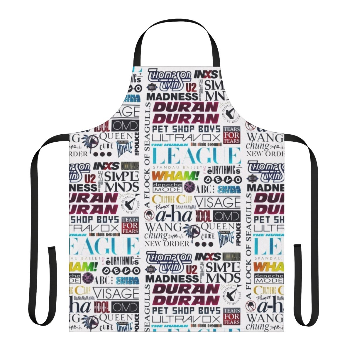 Vibrant 80s-themed apron with retro pop art logo and graphics