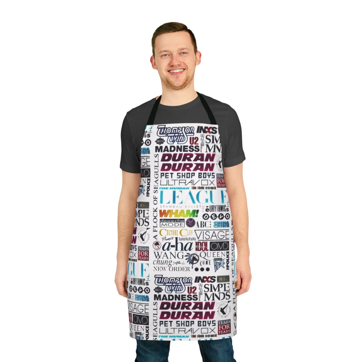 Vibrant 80s-themed apron with retro pop art logo and graphics