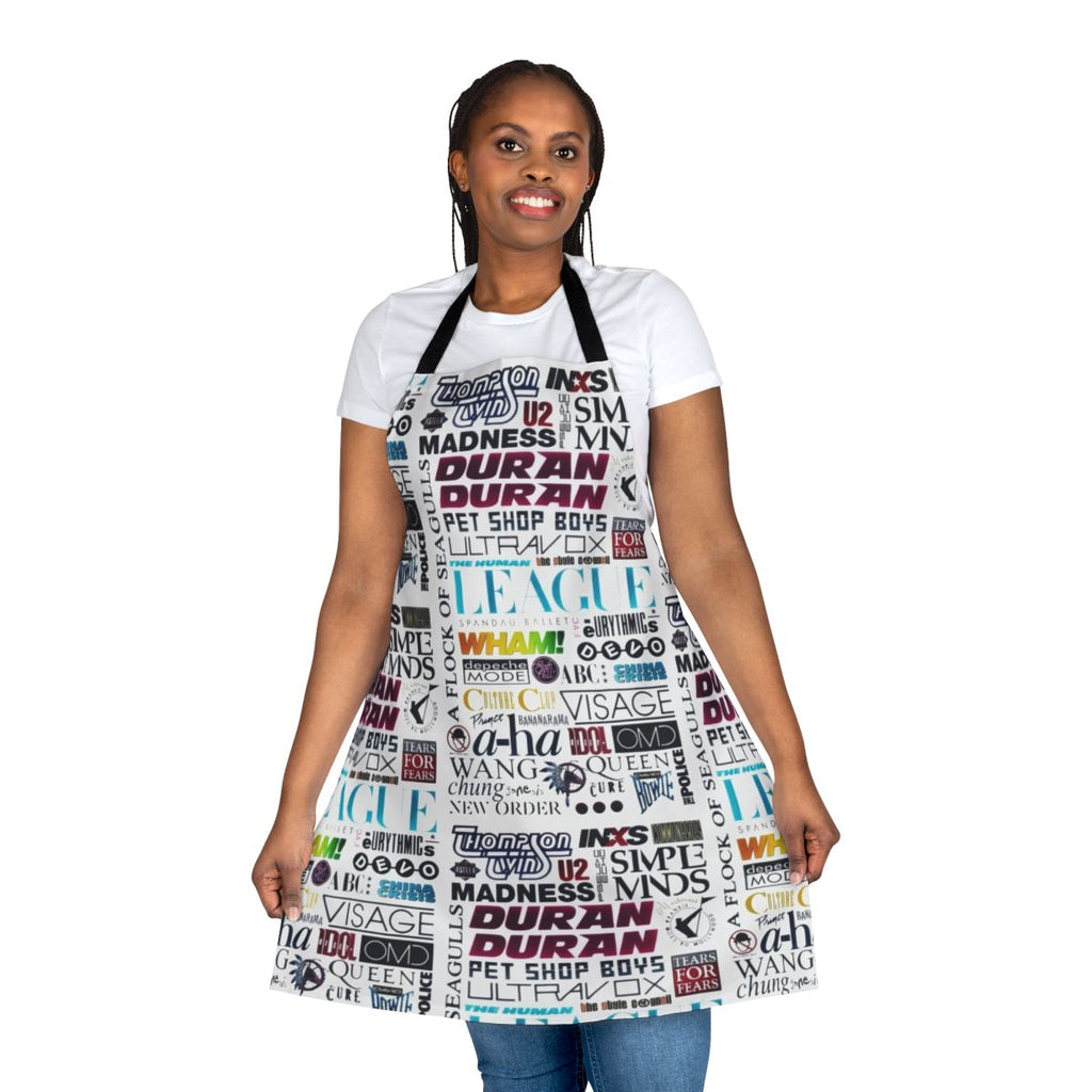 Vibrant 80s-themed apron with retro pop art logo and graphics