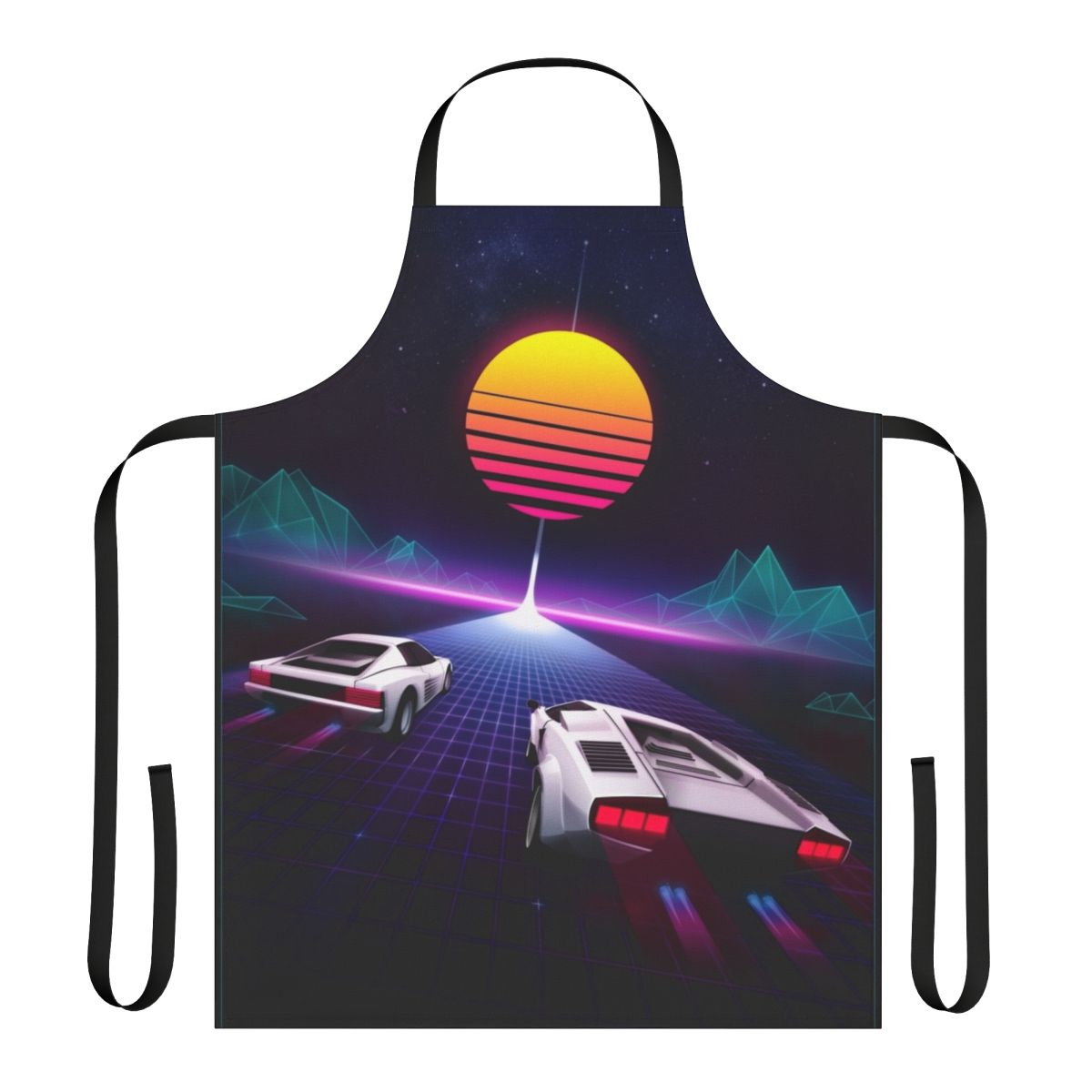 Colorful 80s-style apron featuring neon graphics of a retro highway scene with sports cars and a starry sky