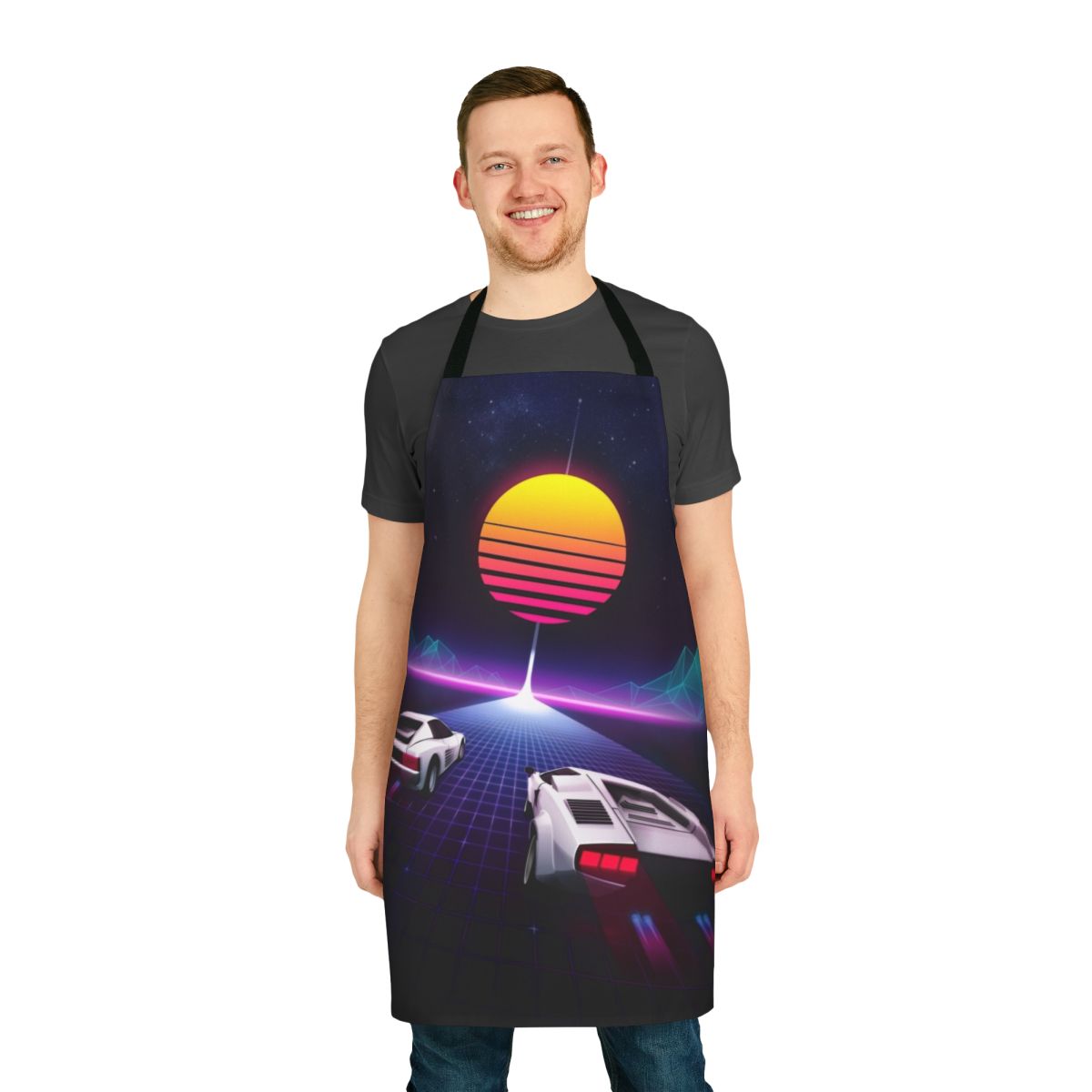 Colorful 80s-style apron featuring neon graphics of a retro highway scene with sports cars and a starry sky