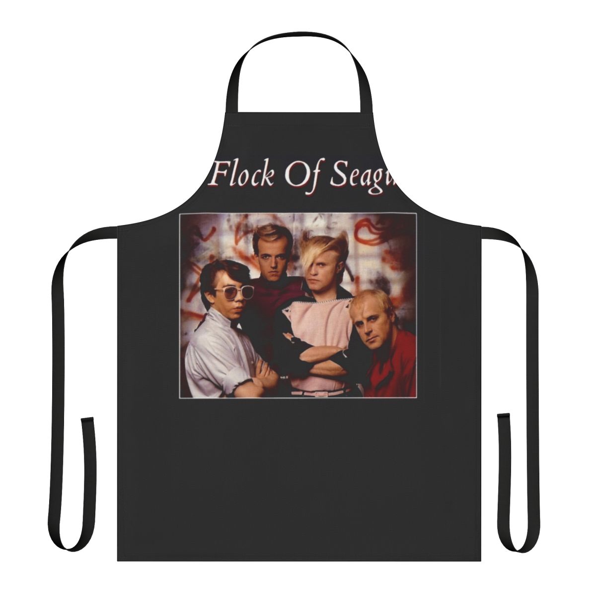 Stylish 80s synthpop band apron featuring the iconic A Flock of Seagulls logo