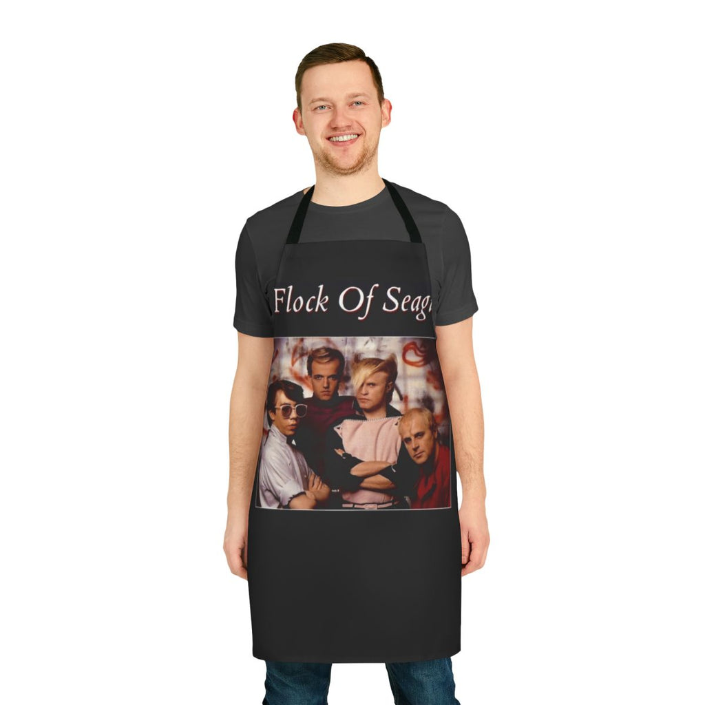 Stylish 80s synthpop band apron featuring the iconic A Flock of Seagulls logo