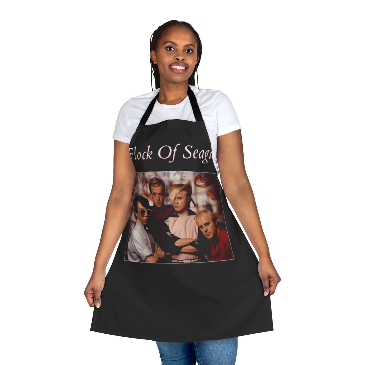 Stylish 80s synthpop band apron featuring the iconic A Flock of Seagulls logo