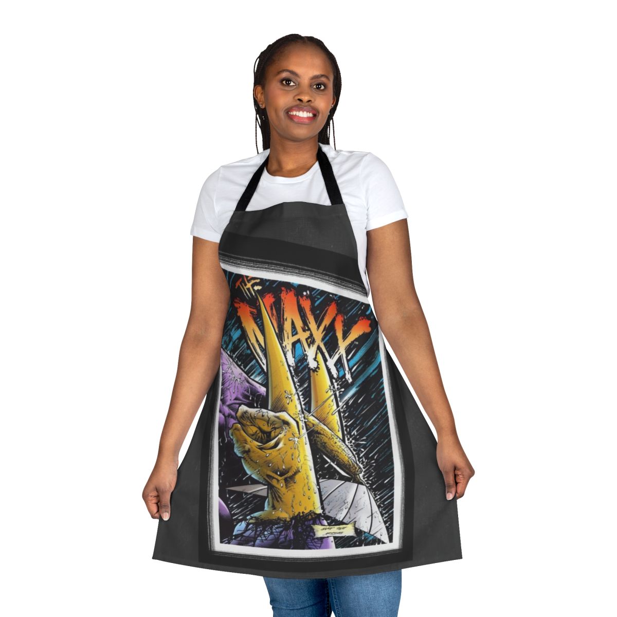 Maxx-inspired apron with 90s pop culture graphics