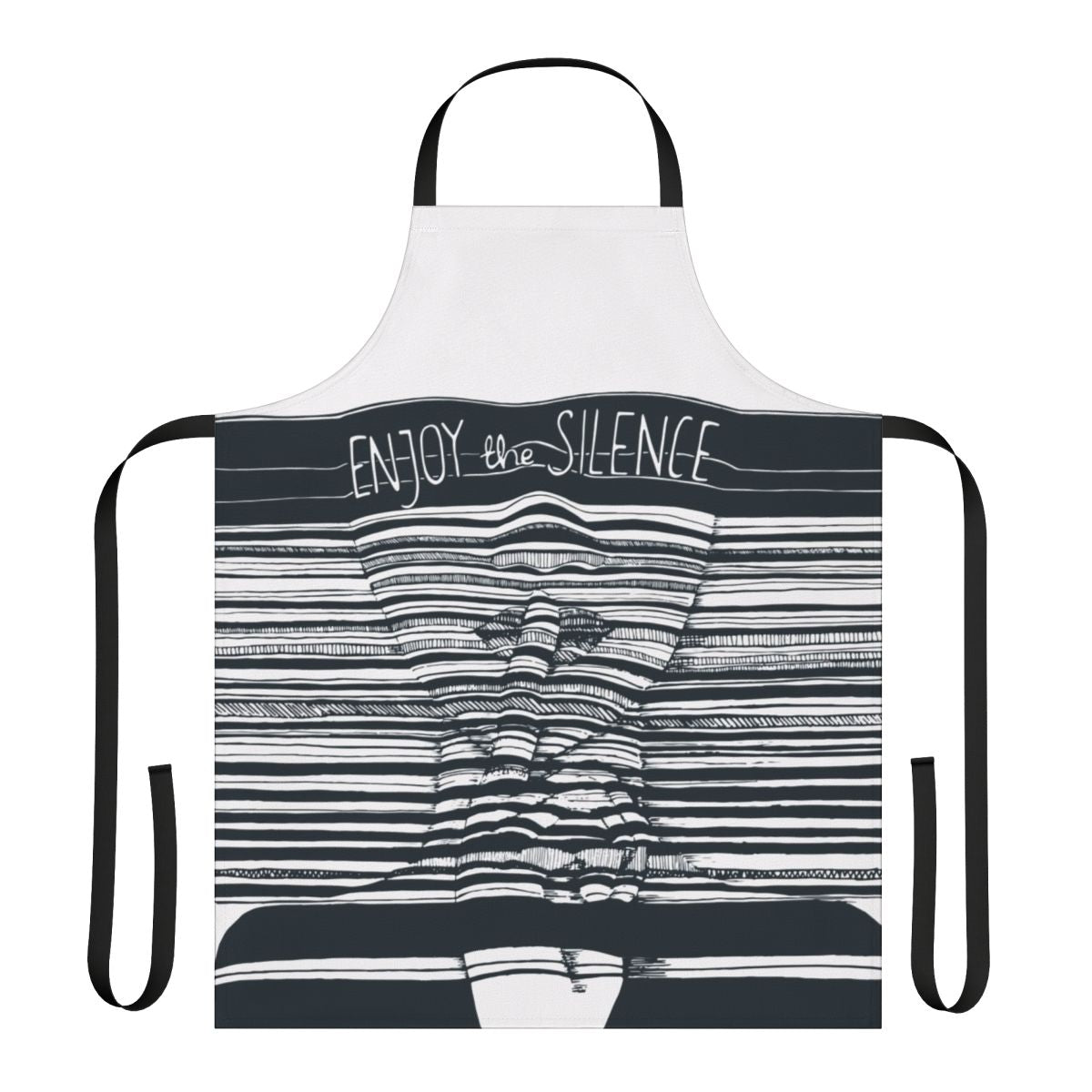 Minimalist black and white apron design with abstract sketch and Depeche Mode inspired text