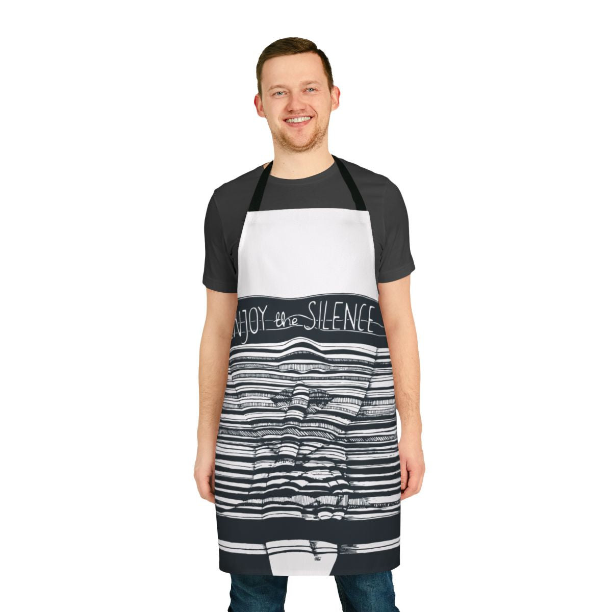 Minimalist black and white apron design with abstract sketch and Depeche Mode inspired text