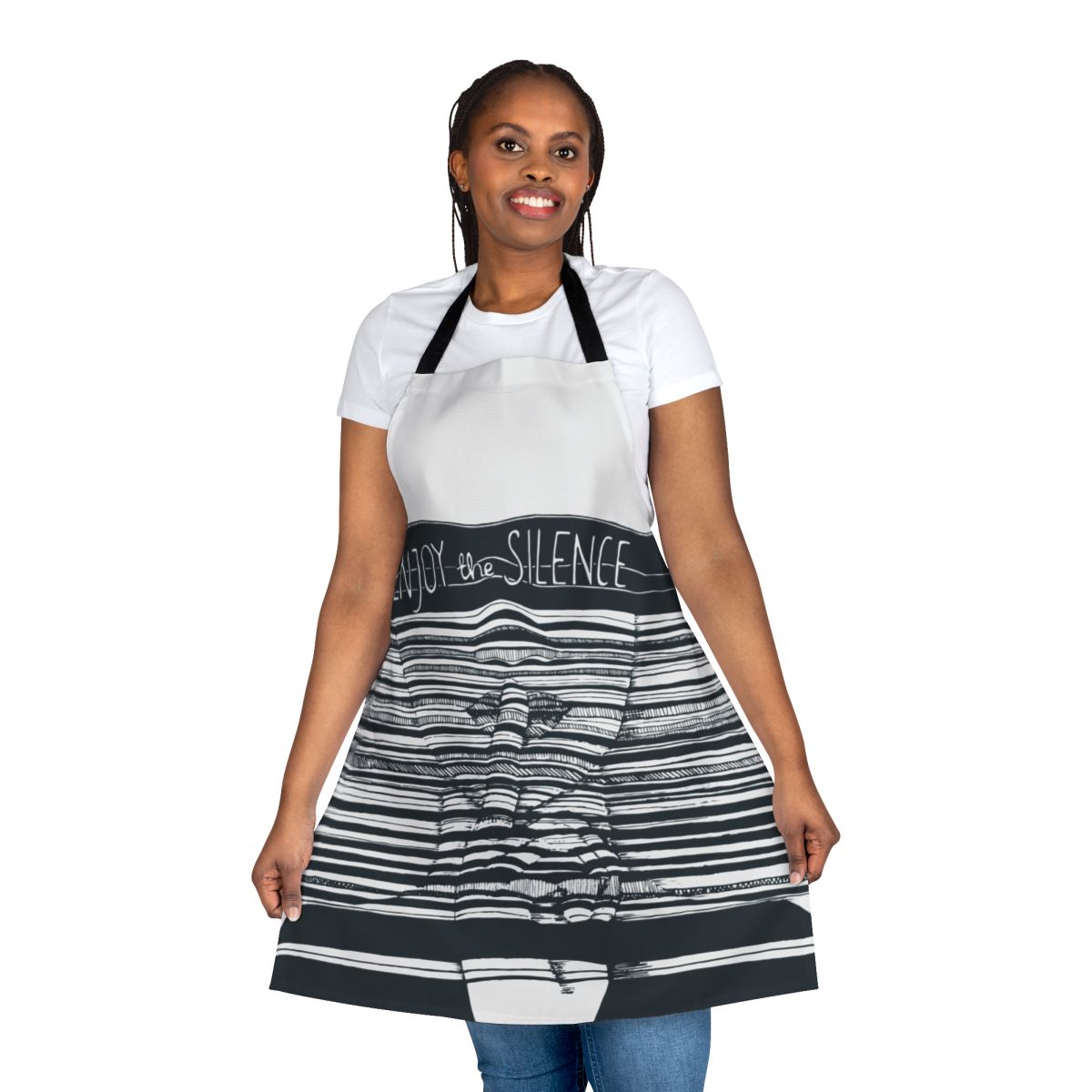 Minimalist black and white apron design with abstract sketch and Depeche Mode inspired text