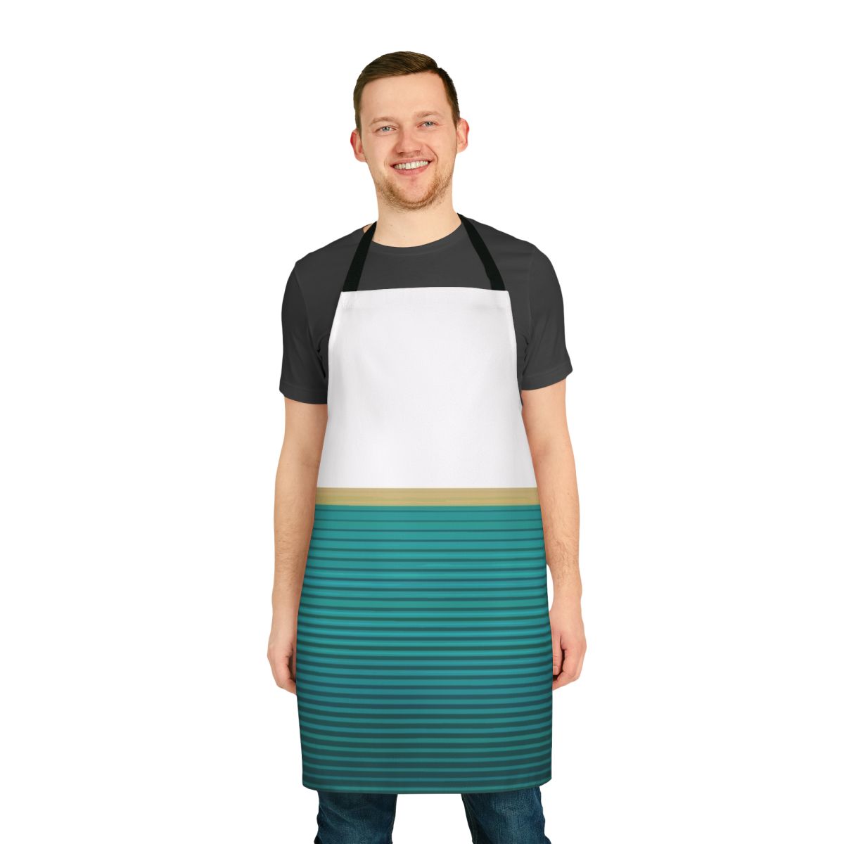 Stylish abstract patterned apron in shades of teal and gold, inspired by urban smoking culture